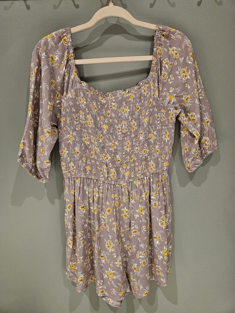 SO Mauve Floral Smocked Square-Neck Romper with Yellow Blossoms